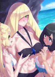 3girls bikini black_hair blonde_hair erect_nipples erect_nipples_under_clothes female_only lactation lactation_through_clothes lillie_(pokemon) lusamine_(pokemon) mizuumi_(bb) mother_and_daughter nipple_stimulation pokemon pokemon_dppt pokemon_sm selene_(pokemon) yuri