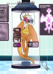 anthro claws digital_media_(artwork) dragon egg electrode english_text feet female hair hi_res horn hypnosis hypnotic_eyes hypnotic_visor inner_ear_fluff laboratory looking_at_viewer machine mask mind_control nude open_mouth pregnant scalie science solo tail taiomifox tank text toes tongue tongue_out tuft vehicle water wings wyvern