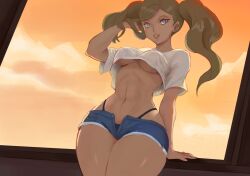 ann_takamaki blonde_hair blue_eyes crop_top jean_shorts makeup persona persona_5 solo sunset thats-lewdacris thong twintails underboob underwear