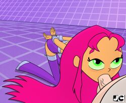 1boy 1girls accurate_art_style arms_behind_back blowjob bondage cartoon_network clothed dc fellatio female green_eyes huge_penis jcdw koriand'r male orange_skin partial_male penis pink_hair starfire straight tagme teen_titans teen_titans_go tied_hands very_long_hair