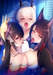 3girls akagi_(azur_lane) animal_ears ayanami_(azur_lane) azur_lane bandaid bandaid_on_face black_hair blonde_hair blush breasts brown_hair censored collarbone cooperative_paizuri fox_ears fox_girl highres japanese_clothes kimono large_breasts long_hair mask mask_on_head multiple_girls noukatu off_shoulder open_mouth oral_invitation paizuri penis ponytail red_eyes red_kimono saliva taihou_(azur_lane) tongue tongue_out uvula