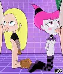 2boys 2girls accurate_art_style angry_face arms_behind_back blowjob bondage dc exposed_breasts exposed_pussy fellatio female jcdw jinx_(dc) male multiple_boys multiple_girls partial_male penis rape scared_expression tagme tara_markov teen_titans teen_titans_go terra_(dc)