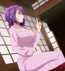 1girls breasts cleavage clothing huge_breasts large_breasts purple_hair red_eyes screencap sweatdrop tenpuru thick_thighs thighs