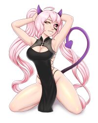 aesdev big_breasts black_sclera commission demon_girl demon_horns demon_tail elsyntra face_tattoo hands_behind_head heterochromia pink_eyes pinup pinup_pose pose thighs twintails yellow_eyes