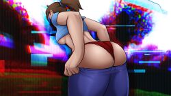 blue_pants blue_shirt brown_hair female female_only genderswap girl glitch herabrine(femherobrine) herobrina herobrine hornycraftgame minecraft outside pants_pulled_down partially_clothed ponytail red_thong solo solo_female thong underboob