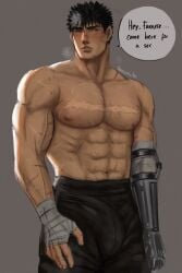 1boy abs akistrike bandage bandages berserk big_breasts big_bulge black_hair blush breasts buff bulge busty dark_hair english_text fit fit_male guts_(berserk) huge_breasts huge_bulge inviting knife_ears large_breasts light-skinned_male light_skin male male_only muscles muscular muscular_male nipples nosferatuaki one_arm penis_bulge penis_under_clothes prosthetic prosthetic_arm scar scarred scars scars_all_over sharp_ears six_pack spiky_hair tagme tanned tanned_skin text toned toned_male white_hair_stripe wide