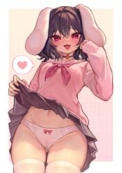 :d absurdres adapted_costume animal_ears arm_up blush bow bow_panties bunny_ears carrot choker commentary_request cowboy_shot crotch_seam cute_fang fang female floppy_ears heart highres inaba_tewi lifted_by_self looking_at_viewer medium_hair navel oerba_yun_fang open_mouth panties pink_background pleated_skirt pussy qiu_ju rabbit_ears red_bow sailor_collar school_uniform see-through serafuku simple_background skin_fang skirt skirt_lift sleeves_past_wrists smile socks solo spoken_heart tewi_inaba thigh_socks thighhighs touhou underwear upskirt white_panties white_socks white_thighhighs