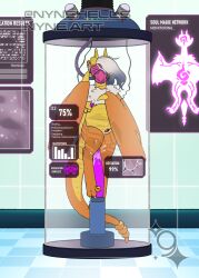 anthro claws digital_media_(artwork) dragon egg electrode english_text feet female hair hi_res horn hypnosis hypnotic_eyes hypnotic_visor inner_ear_fluff laboratory looking_at_viewer machine mask mind_control nude open_mouth pregnant scalie science solo tail taiomifox tank tentacle text toes tongue tongue_out tuft vehicle water wings wyvern