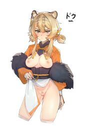 animal_ears arknights blonde_hair blush breasts breasts_out brown_eyes du_yaoye_(arknights) earrings elsi female female_pubic_hair highres jewelry lifted_by_self long_hair looking_at_viewer nipples no_panties pubic_hair pussy pussy_juice simple_background solo thighhighs tiger_ears twintails white_background white_thighhighs