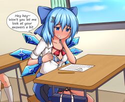 bag blue_eyes blue_hair chair cirno desk english_text pencil school school_bag school_chair school_desk school_uniform showing_off sonicphu speech_bubble tagme touhou translated