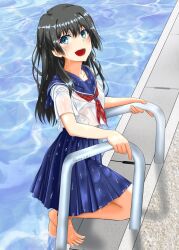 1girls 2020s 2022 barefoot black_hair blue_sailor_collar blue_skirt female getting_out_of_pool green_eyes ken'ichi_(silvian125jp) light-skinned_female light_skin long_hair looking_at_viewer neckerchief open_mouth open_smile pleated_skirt pool pool_ladder poolside red_neckerchief sailor_collar sakugawa_school_uniform saten_ruiko school_uniform schoolgirl see-through serafuku skirt smile solo teenage_girl teenager to_aru_kagaku_no_railgun to_aru_majutsu_no_index toes water wet wet_clothes young