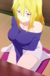 blonde_hair blush breasts hips large_breasts looking_away orange_hair screencap shorts tenpuru thick_thighs thighs