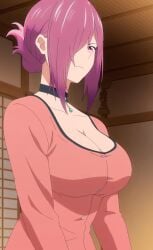 1girls breasts cleavage clothing huge_breasts kiki(temple) kiki_(tenpuru) large_breasts medium_hair pink_eyes purple_hair screencap tenpuru