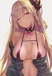 collar granblue_fantasy gyaru helel_ben_shalem huge_breasts jacket_off_shoulders looking_at_viewer micro_bikini upper_body