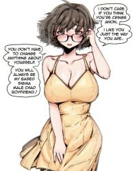 1girls aki_(04119_snail) big_breasts blush brown_hair glasses large_breasts looking_at_viewer short_hair snale_(04119_snail) solo solo_female speech_bubble talking_to_viewer yellow_dress