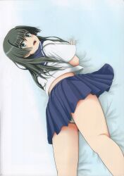 10s 1girls 2015 absurd_res bare_legs bed_sheet black_hair blue_eyes blush female hi_res ken'ichi_(silvian125jp) light-skinned_female light_skin long_hair looking_at_viewer looking_back lying on_stomach open_mouth panties pantyshot sakugawa_school_uniform saten_ruiko scan school_uniform schoolgirl serafuku solo teenage_girl teenager to_aru_kagaku_no_railgun to_aru_majutsu_no_index underwear young