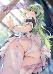 ass blue_eyes blush curtains day dress dutch_angle female fingernails frog_hair_ornament garter_straps grey_hair hair_ornament highres holding indoors kochiya_sanae long_hair looking_at_viewer looking_back looking_down maid maid_headdress miyase_mahiro panties parted_lips sanae_kochiya short_sleeves simple_background snake_hair_ornament solo thighhighs thighs touhou underwear white_panties wrist_cuffs