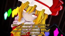 1girls 3d blonde_hair crystal dialogue english_text flandre_scarlet hat looking_at_viewer mob_cap red_eyes touhou vovun wings