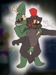 amputee body_fluids disproportional evil_smile felixmcfurry five_nights_at_freddy's fnaf freddy_(fnaf) freddy_fazbear's_pizzeria_simulator furry gray_fur green_fur grey_fur lefty_(fnaf) nonconsensual rape rule_63 scraptrap small_breasts straight vaginal_penetration william_afton