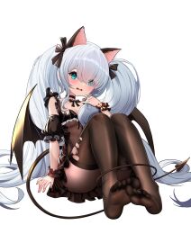 1girls anxious ass_visible_through_thighs azur_lane cat_ears demon_tail feet female female_only halloween_costume janus_(azur_lane) janus_(fright-night_scaredy-cat)_(azur_lane) light-skinned_female light_skin niballlll official_alternate_costume pantyhose petite ripped_pantyhose royal_navy_(azur_lane) sitting small_breasts soles solo thick_thighs toes wide_hips