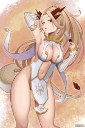 1girls artist_name belly_button big_breasts black_eyes blonde_hair blush breasts detached_sleeves dragon_girl dragon_horns dragon_tail female female_only hormkrun horns light-skinned_female light_skin neuatong ponytail solo tail virtual_youtuber vtory