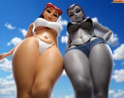 2girls 3d 3d_(artwork) big_breasts bikini bikini_under_clothes blender_(software) dc dc_comics denim denim_shorts female female_only hand_on_hip huge_breasts jean_shorts large_breasts looking_at_viewer looking_down low-angle_view offscreen_character pubic_tattoo rachel_roth raven_(dc) shorts smitty34 starfire teen_titans thick_thighs underboob voluptuous voluptuous_female wide_hips