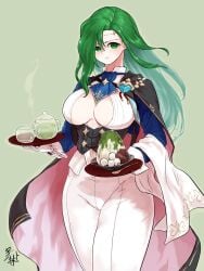 1girls alternate_costume annand_(fire_emblem) breasts cape cleavage cosplay female female_only fire_emblem fire_emblem:_genealogy_of_the_holy_war fire_emblem_heroes green_eyes green_hair large_breasts light-skinned_female light_skin long_hair looking_at_viewer maid sigurd_(fire_emblem)_(cosplay) smile solo ta_dasu_(tadasu_hayashi) very_long_hair waitress