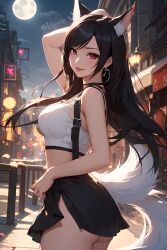 9_tails ahri ai_generated black_hair black_skirt final_fantasy final_fantasy_vii fox_ears fox_tail full_moon idgaroo league_of_legends looking_at_viewer night nine_tailed_fox red_eyes tifa_lockhart tifa_lockhart_(cosplay) vastaya