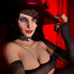 3d akuguara armwear big_breasts bioshock bioshock_infinite black_hair blue_eyes breasts busty choker elbow_gloves elizabeth_comstock eyeshadow female female_focus female_only hat lipstick long_hair makeup mascara nude nude_female nudity pinup pinup_pose tagme