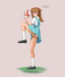 1girls asuka_langley_sohryu baseball blue_eyes brown_hair dress dress_lift female female_only gandaxar girl knee_socks kneehighs kneesocks leg_up legs light_skin neon_genesis_evangelion neopn_genesis_evangelion panties peek school_uniform schoolgirl shoes skirt skirt_up socks solo white_panties white_socks