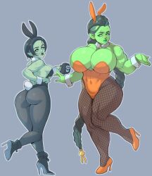 2023 2girls absurd_res ass big_breasts braid bunny_ears bunny_tail bunnysuit detached_collar fangs female female_only fishnet_pantyhose fishnets green_eyes green_skin greenmarine grey_background heels long_hair looking_at_viewer medium_hair muscular muscular_female nose_ring orc orc_female pantyhose pointy_ears shaved_side tomboy unamused wrist_cuffs