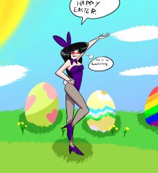 1girls black_hair black_lipstick blush bowtie breasts bunny_ears bunny_tail cleavage easter easter_egg embarrassed female female_only heels leotard lipstick long_hair pantyhose pose purple_bowtie purple_heels purple_leotard revrookington solo strapless_leotard val_(revrookington)