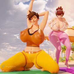 2girls 3d 3d_(artwork) ass_expansion beach big_ass big_breasts big_nipples blender_(software) blizzard_entertainment breast_expansion cleavage clothed d.va female female_only haptick huge_ass huge_breasts massive_breasts nipples_visible_through_clothing no_bra overwatch public thick_thighs tracer yoga yoga_pants