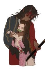 1boy 1boy1girl 1girls black_hair choke_hold choking dark-skinned_male dark_hair demon demon_boy demon_girl demon_horns demon_slayer dominant_male female foreplay hantengu heterosexual horns horny horny_male kamado_nezuko kimetsu_no_yaiba kmmd001 male/female nezuko_kamado pale-skinned_female pink_eyes red_eyes sekido staff straight submissive_female teasing