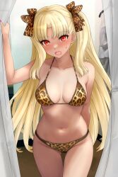 1girls alternate_version_available bare_shoulders bikini bikini_bottom bikini_top blonde_hair blush blush_lines ereshkigal_(fate) ereshkigal_alter_(fate) fate/grand_order fate_(series) female female_only hair_ribbons leopard_print leopard_print_bikini leopard_print_hair_ribbons long_hair navel no_text_version ponytails raskasar red_eyes small_breasts tan_body tanned tanned_female tanned_skin