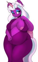 2023 5_fingers ahobobo alicorn anthro anthrofied areola belly big_breasts blue_eyes blue_eyeshadow braided_hair breasts digital_media_(artwork) equid equine eyeshadow female fingers fur hair hasbro hi_res horn huge_breasts makeup mammal mlp_g5 my_little_pony nipples opaline_arcana_(mlp) pink_areola pink_nipples pregnant pregnant_female purple_body purple_fur simple_background smile white_background wings