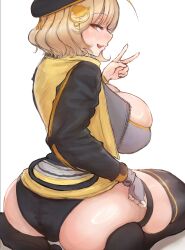 1girls anis_(nikke) ass big_breasts blonde_hair blush breasts dobuapple doburingo female female_only fingerless_gloves goddess_of_victory:_nikke huge_breasts legwear looking_at_viewer open_mouth peace_sign seiza sideboob sitting solo thick_thighs thighs v v_sign