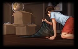 1boy 2d attic black_border bottomwear brown_hair clothed clothing darkcookie daytime digital_drawing_(artwork) digital_media_(artwork) hole_in_wall light-skinned_male light_skin main_character_(summertime_saga) male male_only on_knees room rug shirt shorts skinny solo solo_focus summertime_saga topwear