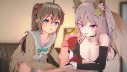 1boy 2girls 3d animated annytf big_breasts blue_eyes brown_hair clothed clothed_female clothed_female_nude_male collaborative_handjob dual_handjob female fox_ears fox_girl fox_tail grey_hair hair_ornament handjob handwear indie_virtual_youtuber looking_at_viewer male mother_and_daughter mp4 naked neuro-sama no_sound nude nude_male pov purple_eyes ribbon short_playtime tagme tagme_(artist) teamwork video virtual_youtuber wataamage