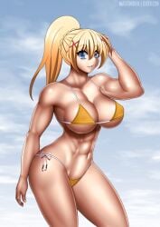 abs arm_behind_head bikini blonde_hair blue_eyes breasts cleavage darkness_(konosuba) elee0228 female highres kono_subarashii_sekai_ni_shukufuku_wo! large_breasts legs looking_at_viewer navel parted_lips ponytail smile solo swimsuit thick_thighs thighs yellow_bikini