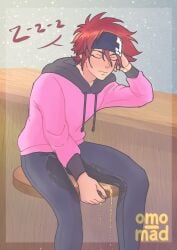 headband hoodie jeans male male_only omo_mad omorashi peeing reki_kyan sitting sitting_on_chair sk8_the_infinity sleeping solo unaware urination wetting wetting_self