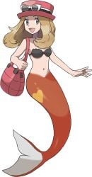 5_fingers alpha_channel bag black_bra blonde_hair fish_tail grey_eyes hair happy hat mermaid mermaid_tail pink_bag pink_hat png pokemon pokemon_xy red_tail seashell_bra serena_(pokemon) serena_(pokemon_games) shoulder_bag smile sunglasses_on_head transparent_background