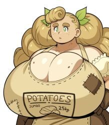 1girls big_breasts blonde_hair brown_hair cleavage drakthug farmer farmgirl female female_only freckles freckles_on_breasts gandg gigantic_breasts green_eyes huge_breasts potato_farmer potato_sack simple_background solo tank_top tay-too white_background