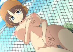 alternate_breast_size ass_visible_through_thighs assault_lily bar_censor blue_eyes blue_sky breasts breasts_apart brown_hair censored chain-link_fence closed_mouth cloud commentary_request completely_nude cowboy_shot day dutch_angle female fence from_below futagawa_fumi grabbing_own_breast hand_on_own_crotch hand_up highres inverted_nipples large_breasts long_hair looking_at_viewer looking_down naruse_mai nipples nude outdoors puffy_nipples pussy sky smile solo split_mouth standing thigh_gap
