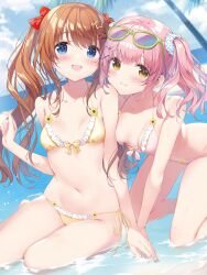 2girls belly blush blush_stickers brown_hair frilled_bikini hair_bow kimishima_ao long_hair medium_breasts pink_hair shallow_water small_breasts smile star_hair_ornament sunglasses_on_forehead sunglasses_on_head swimsuit thighs twintails