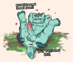 anthro anus balls bulbasaur english_text erection fallflys fushigidane generation_1_pokemon genitals green_body hands_behind_head hi_res looking_at_viewer male nintendo nipples penis pokemon pokemon_(species) presenting presenting_anus red_eyes solo stretched_anus text