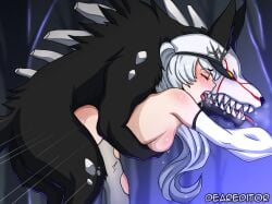 1boy 1boy1girl 1girls ambiguous_penetration blush breasts closed_eyes deareditor fangs grimm_(rwby) human interspecies long_hair monster motion_lines open_mouth rwby rwby_ice_queendom sex sharp_teeth sideboob straight tongue tongue_out torn_clothes weiss_schnee white_hair zoophilia