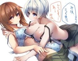 2girls black_skirt blue_bra blue_eyes blue_panties blue_pants blue_underwear bow bow_bra bow_panties bra breasts brown_eyes brown_hair closed_mouth clothes_pull clothing crotch_seam female frown girls_und_panzer green_skirt half-closed_eyes kneeling large_breasts leaning_forwardooking_at_another looking_at_viewer lying medium_breasts miniskirt multiple_girls nishizumi_miho no_shirt on_back open_bra pants pants_pull pleated_skirt polka_dot polka_dot_bra polka_dot_panties polka_dot_underwear sattinittas short_hair skirt skirt_pull strap_slip track_pants trembling underwear wardrobe_malfunction white_bra white_hair white_underwear youko_(girls_und_panzer) yuri