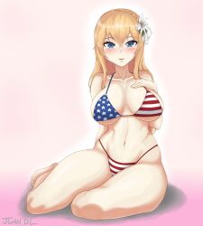 1girls american_flag_bikini bikini blonde_hair blue_eyes crown_braid female female_only flower_in_hair girls'_frontline juan_de_lata light-skinned_female light_skin looking_at_viewer mosin-nagant_(girls'_frontline) smile smiling smiling_at_viewer solo