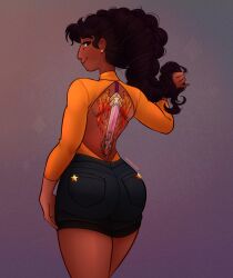 ass back_tattoo back_view backless_outfit braided_hair connie_maheswaran dark-skinned_female hand_on_hair indian_female long_hair looking_at_viewer looking_back santan999 screwpinecaprice short_shorts smiling smiling_at_viewer solo solo_female steven_universe tattoo